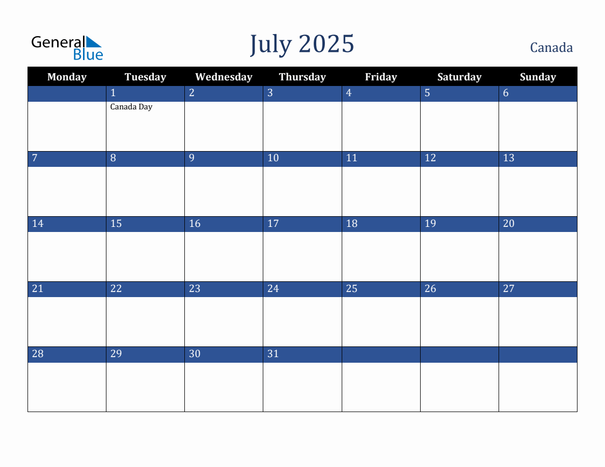 July 2025 Canada Holiday Calendar