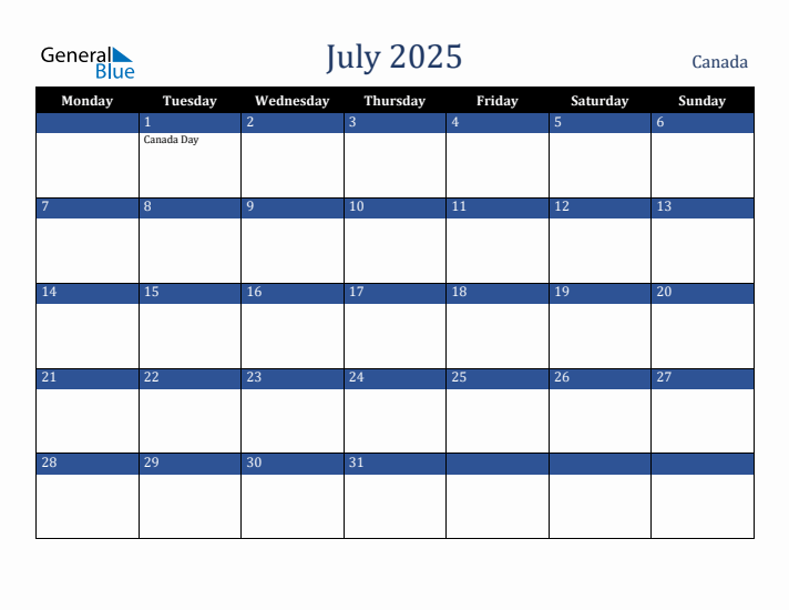 July 2025 Canada Calendar (Monday Start)