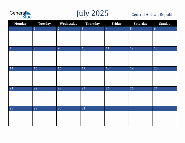 July 2025 Central African Republic Calendar (Monday Start)