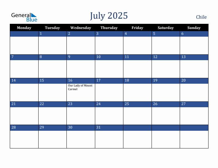 July 2025 Chile Calendar (Monday Start)