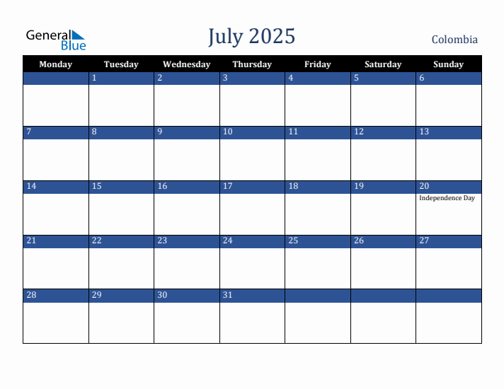 July 2025 Colombia Calendar (Monday Start)