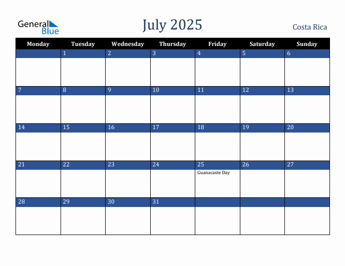 July 2025 Costa Rica Calendar (Monday Start)