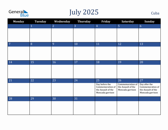 July 2025 Cuba Calendar (Monday Start)