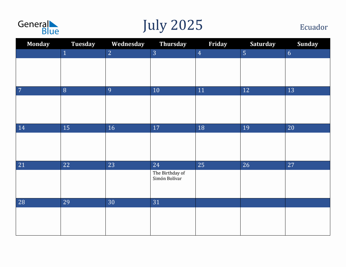 July 2025 Ecuador Holiday Calendar