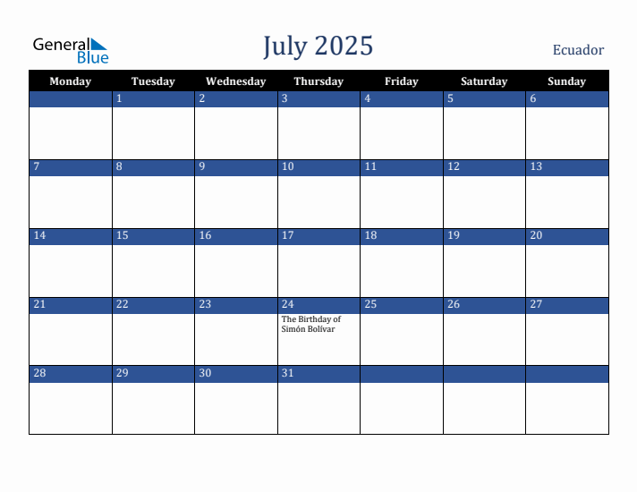 July 2025 Ecuador Calendar (Monday Start)