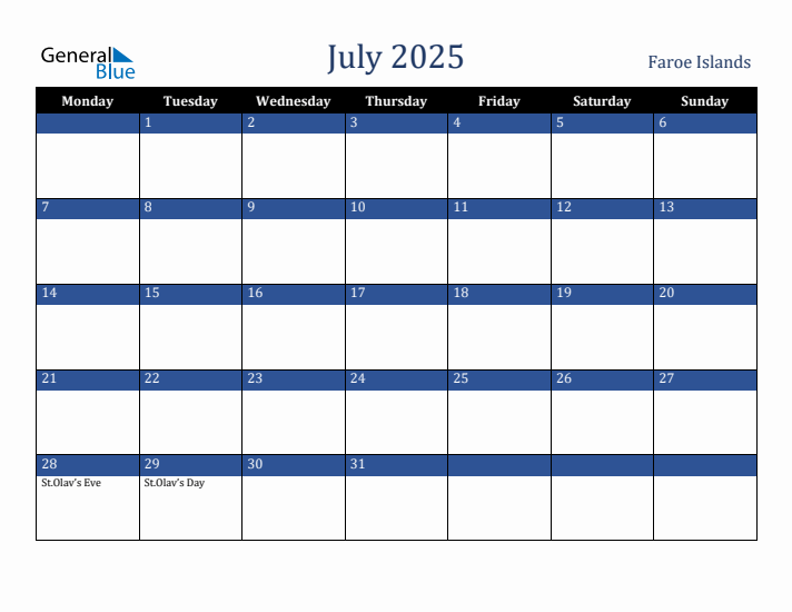 July 2025 Faroe Islands Calendar (Monday Start)