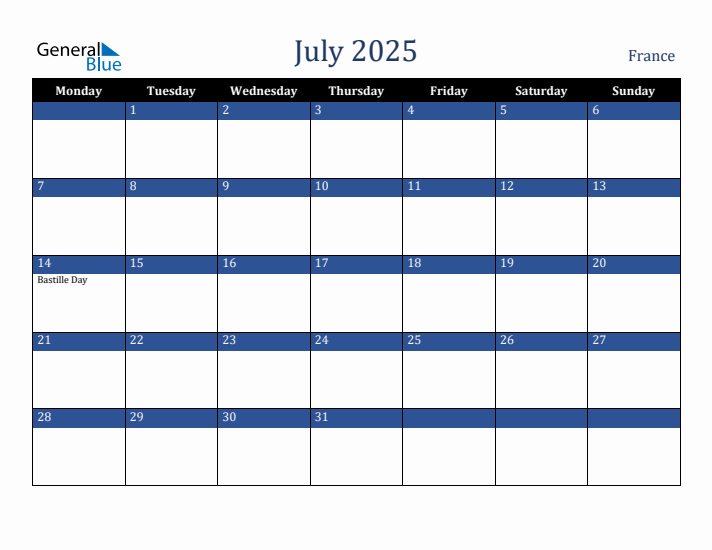 July 2025 France Calendar (Monday Start)