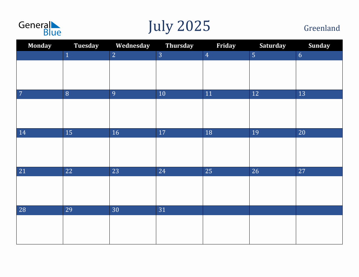 July 2025 Greenland Holiday Calendar