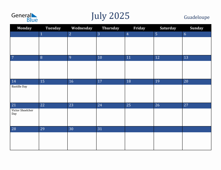 July 2025 Guadeloupe Calendar (Monday Start)