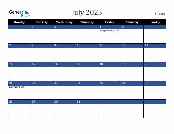 July 2025 Guam Calendar (Monday Start)