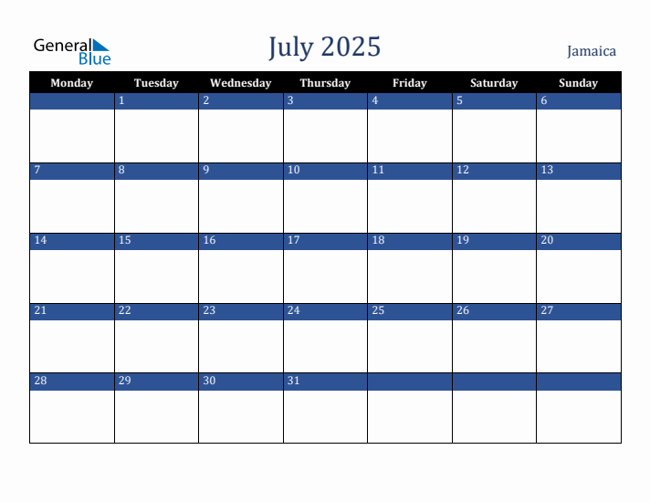 July 2025 Jamaica Calendar (Monday Start)