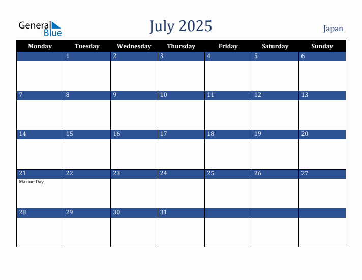 July 2025 Japan Calendar (Monday Start)