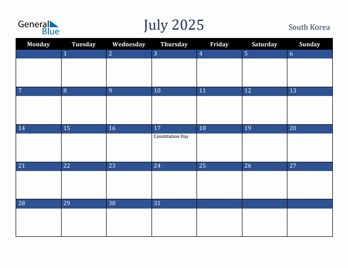 July 2025 South Korea Calendar (Monday Start)
