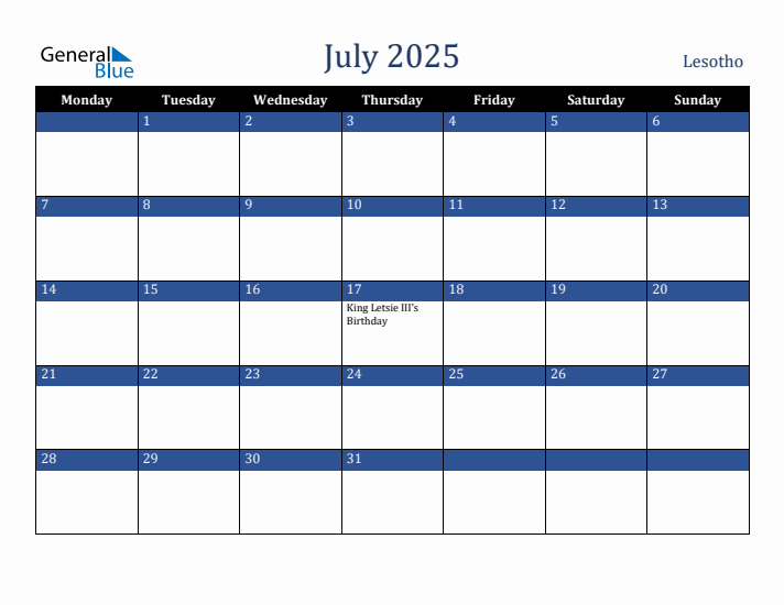 July 2025 Lesotho Calendar (Monday Start)