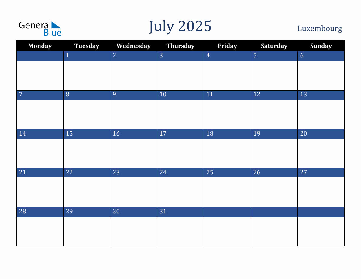 July 2025 Luxembourg Holiday Calendar