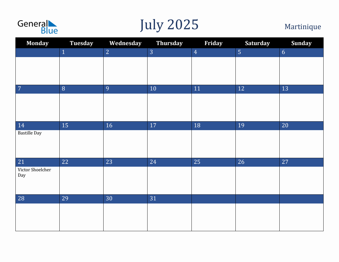 July 2025 Martinique Holiday Calendar