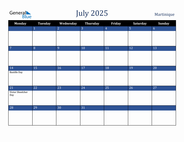 July 2025 Martinique Calendar (Monday Start)