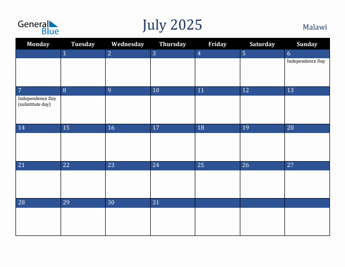 July 2025 Malawi Calendar (Monday Start)