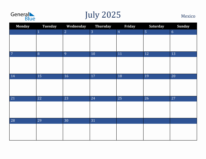 July 2025 Mexico Monthly Calendar with Holidays