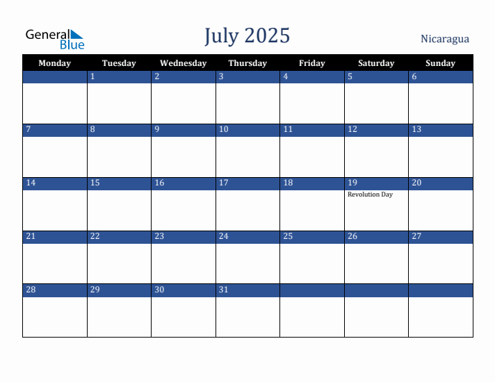 July 2025 Nicaragua Calendar (Monday Start)