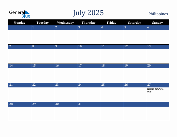 July 2025 Philippines Calendar (Monday Start)