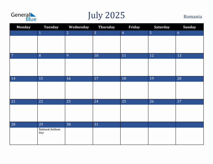 July 2025 Romania Calendar (Monday Start)