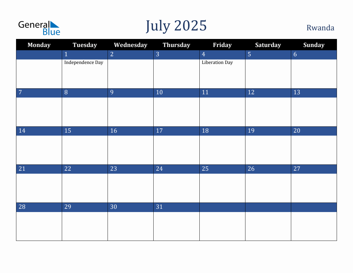 July 2025 Rwanda Holiday Calendar