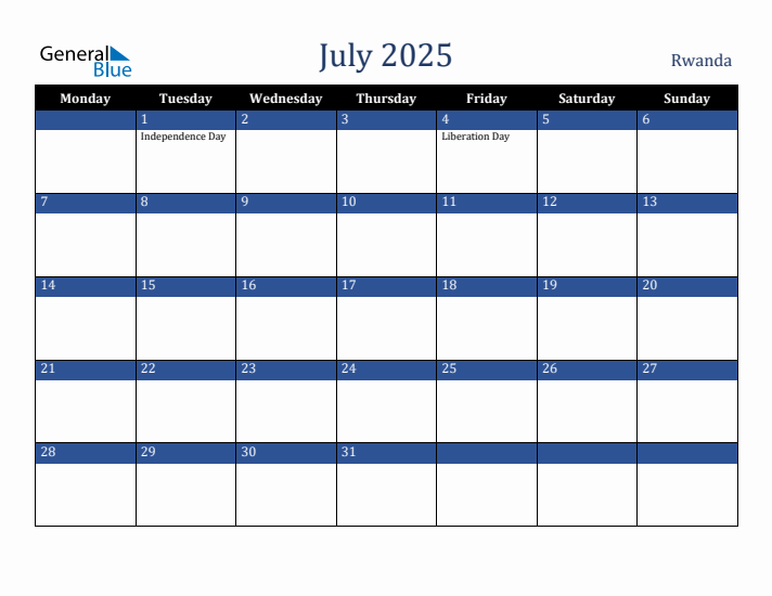 July 2025 Rwanda Calendar (Monday Start)