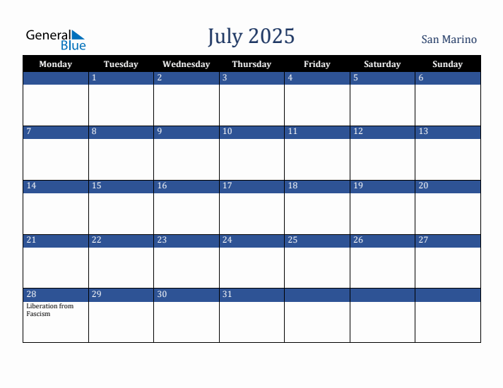 July 2025 San Marino Calendar (Monday Start)