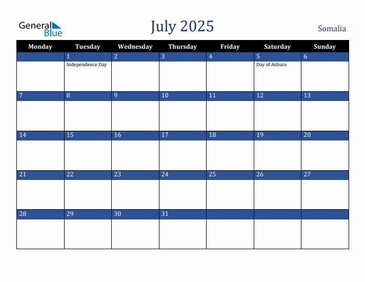 July 2025 Somalia Calendar (Monday Start)