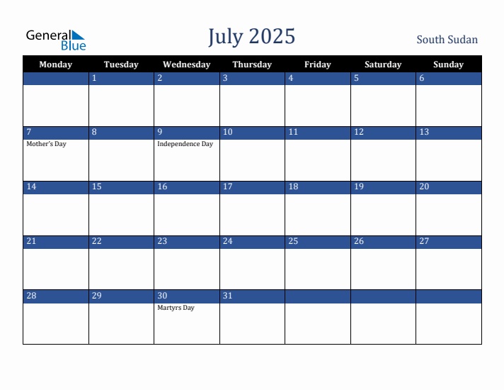 July 2025 South Sudan Calendar (Monday Start)