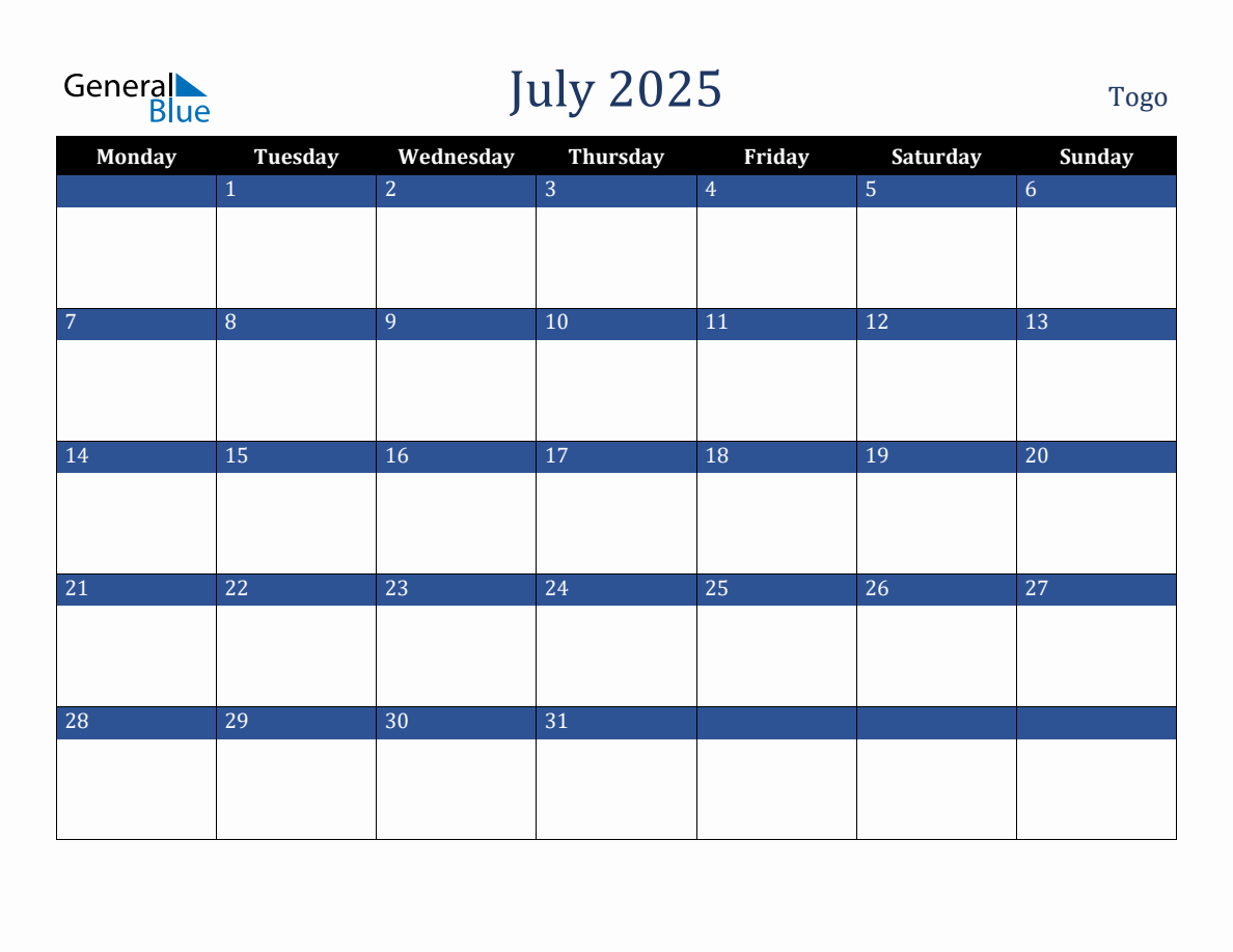 July 2025 Togo Holiday Calendar