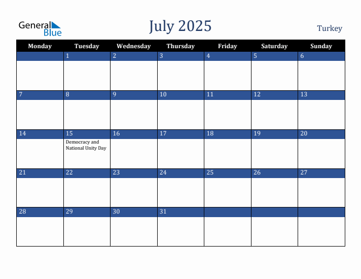 July 2025 Turkey Calendar (Monday Start)