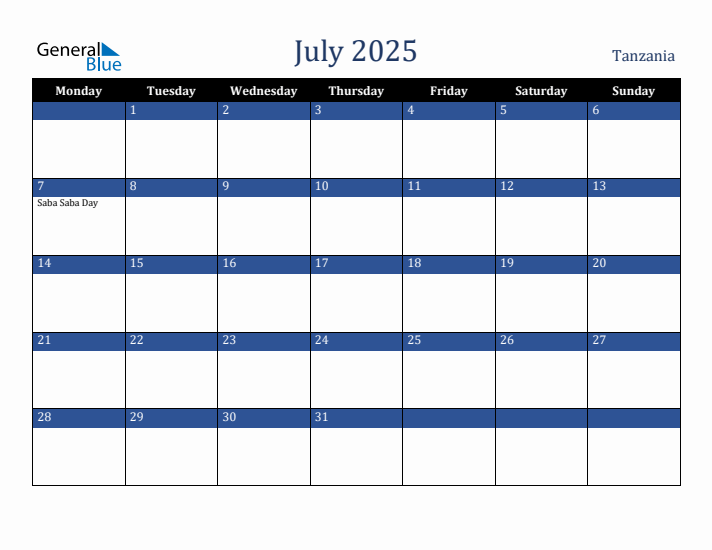 July 2025 Tanzania Calendar (Monday Start)