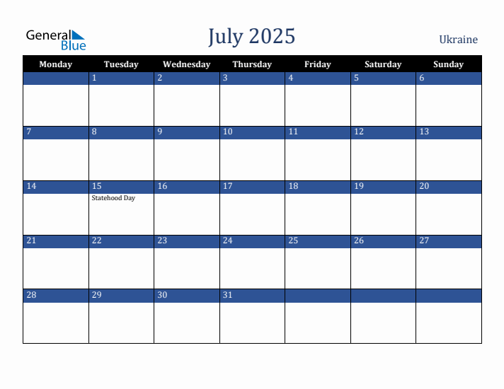 July 2025 Ukraine Calendar (Monday Start)