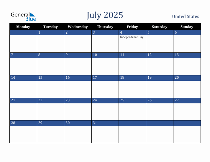 July 2025 United States Calendar (Monday Start)