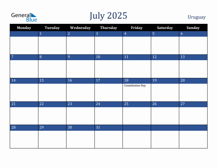 July 2025 Uruguay Calendar (Monday Start)