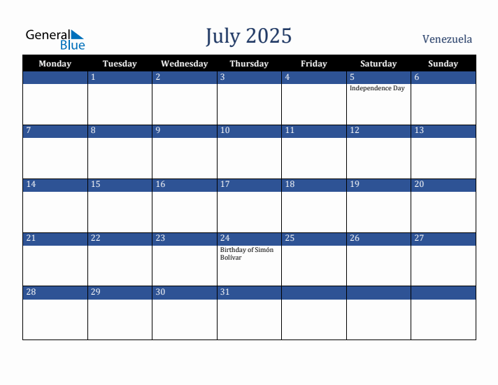 July 2025 Venezuela Calendar (Monday Start)
