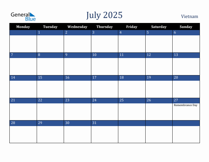 July 2025 Vietnam Calendar (Monday Start)