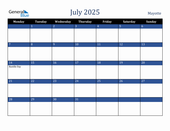 July 2025 Mayotte Calendar (Monday Start)