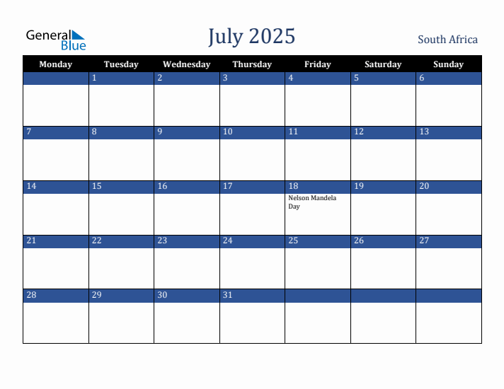 July 2025 South Africa Monthly Calendar with Holidays