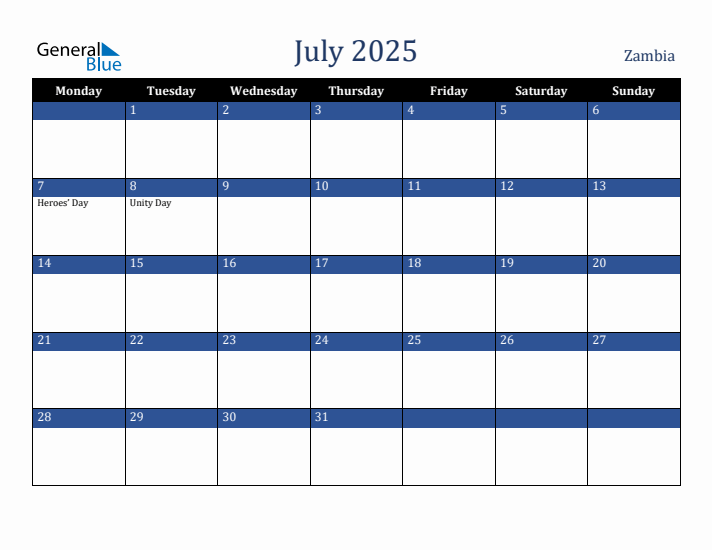 July 2025 Zambia Calendar (Monday Start)