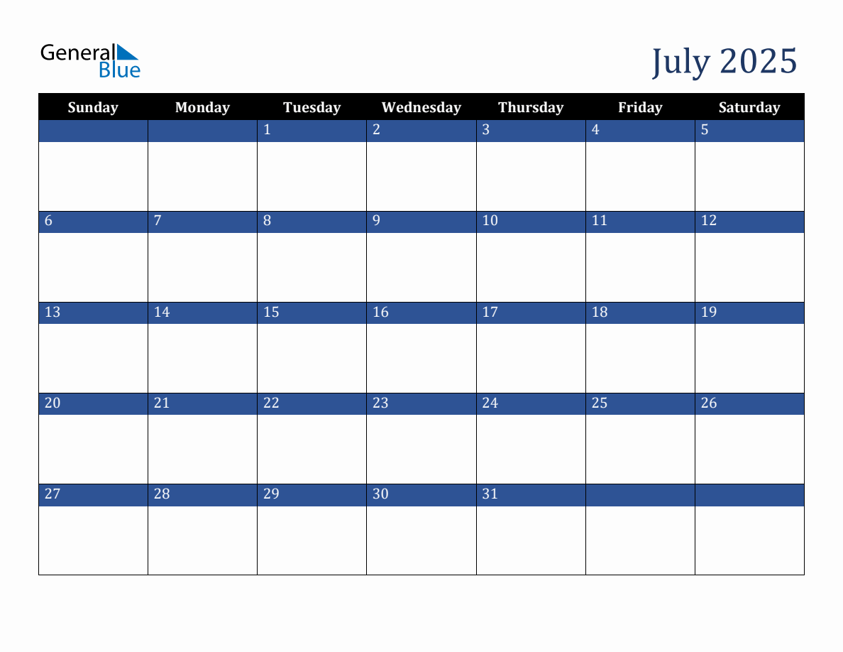 July 2025 Downloadable Sunday Start Calendar