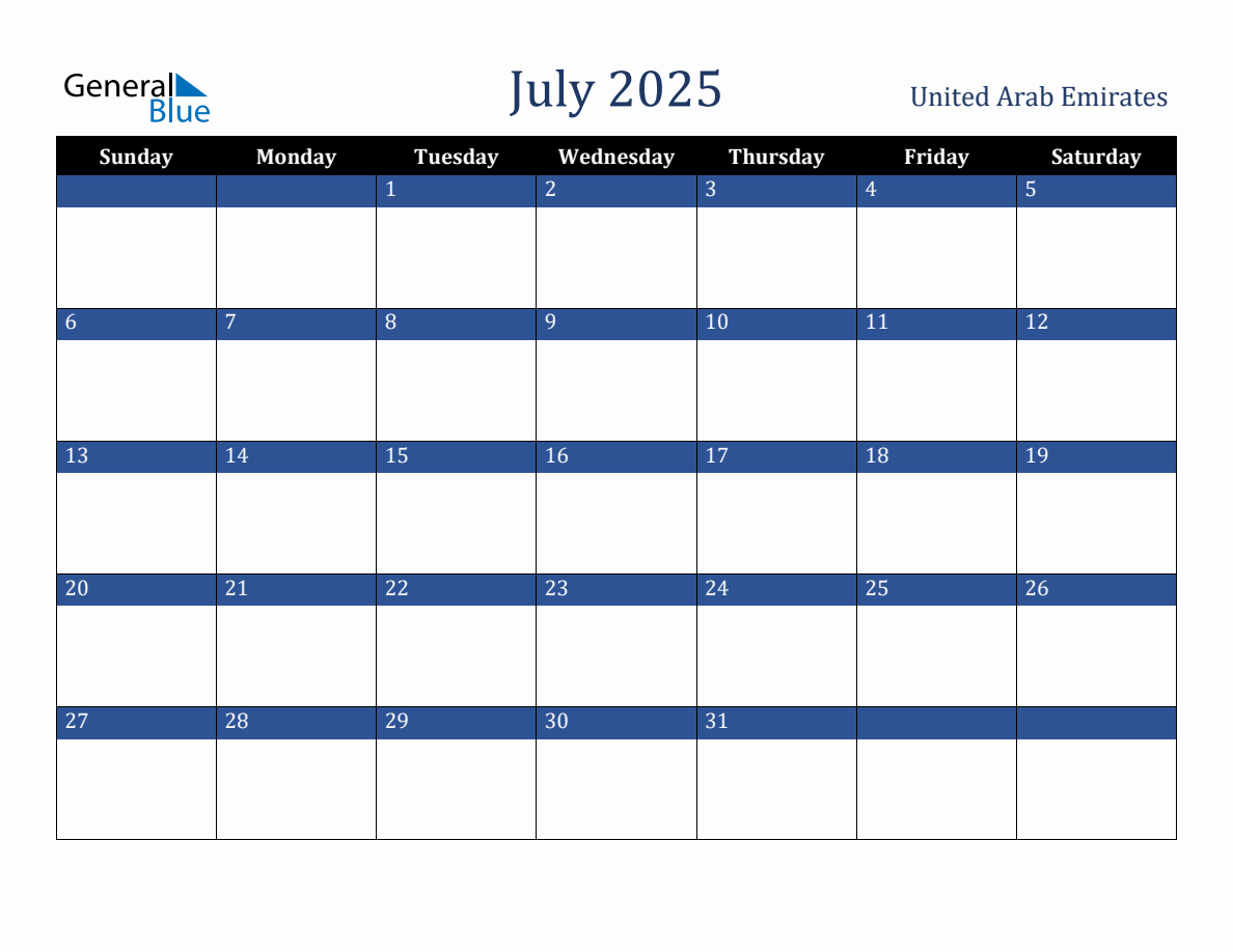 July 2025 United Arab Emirates Holiday Calendar