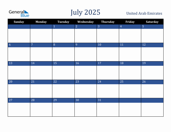July 2025 United Arab Emirates Calendar (Sunday Start)