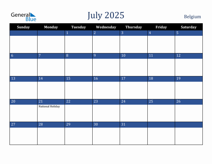 July 2025 Belgium Calendar (Sunday Start)