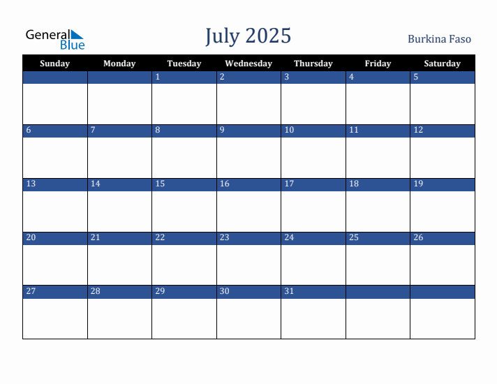 July 2025 Burkina Faso Calendar (Sunday Start)