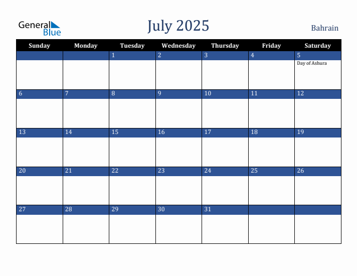 July 2025 Bahrain Calendar (Sunday Start)