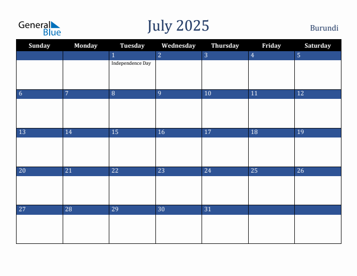 July 2025 Burundi Calendar (Sunday Start)
