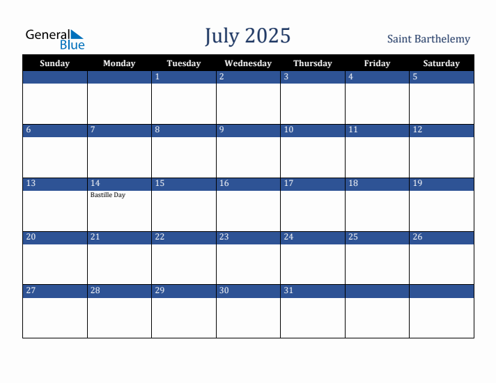 July 2025 Saint Barthelemy Calendar (Sunday Start)